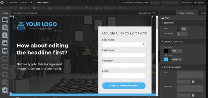 The Unbounce editor being used to create a landing page.